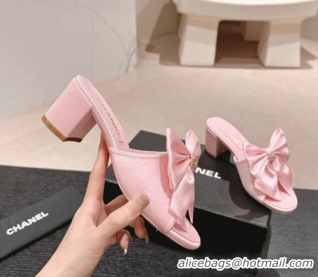 Good Quality Chanel Silk Heel Slides Sandal 6cm with Maxi Bow Light Pink 603060