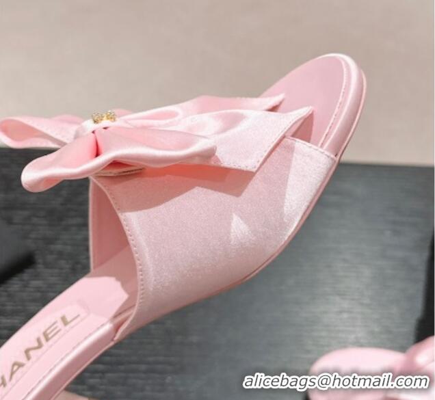 Good Quality Chanel Silk Heel Slides Sandal 6cm with Maxi Bow Light Pink 603060