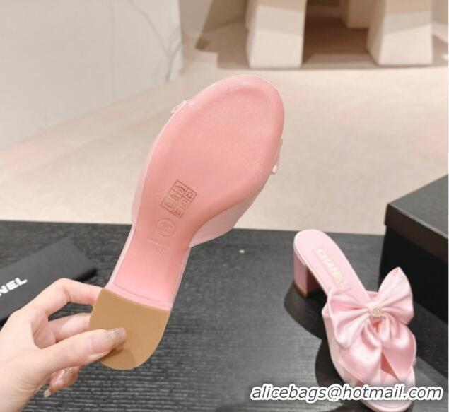 Good Quality Chanel Silk Heel Slides Sandal 6cm with Maxi Bow Light Pink 603060