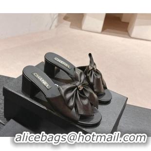 Grade Quality Chanel Lambskin Heel Slides Sandal 6cm with Maxi Bow Black 603061