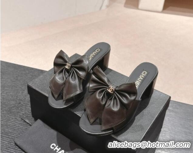 Grade Quality Chanel Lambskin Heel Slides Sandal 6cm with Maxi Bow Black 603061