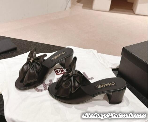 Grade Quality Chanel Lambskin Heel Slides Sandal 6cm with Maxi Bow Black 603061