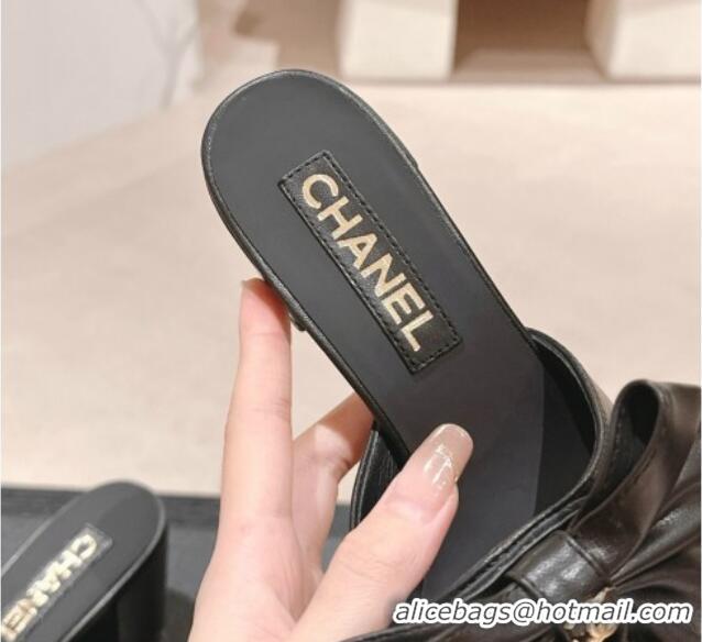 Grade Quality Chanel Lambskin Heel Slides Sandal 6cm with Maxi Bow Black 603061