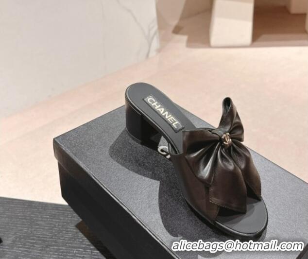 Grade Quality Chanel Lambskin Heel Slides Sandal 6cm with Maxi Bow Black 603061