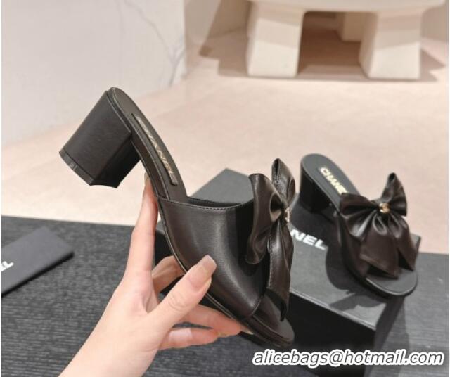 Grade Quality Chanel Lambskin Heel Slides Sandal 6cm with Maxi Bow Black 603061