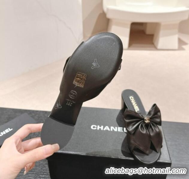 Grade Quality Chanel Lambskin Heel Slides Sandal 6cm with Maxi Bow Black 603061