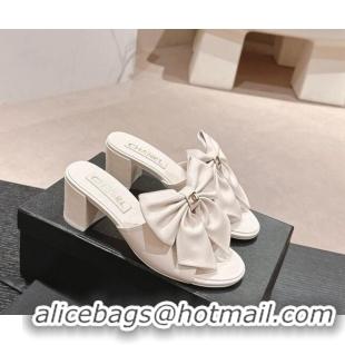 Best Grade Chanel Lambskin Heel Slides Sandal 6cm with Maxi Bow White 603059