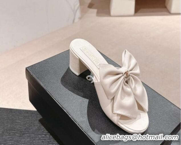 Best Grade Chanel Lambskin Heel Slides Sandal 6cm with Maxi Bow White 603059