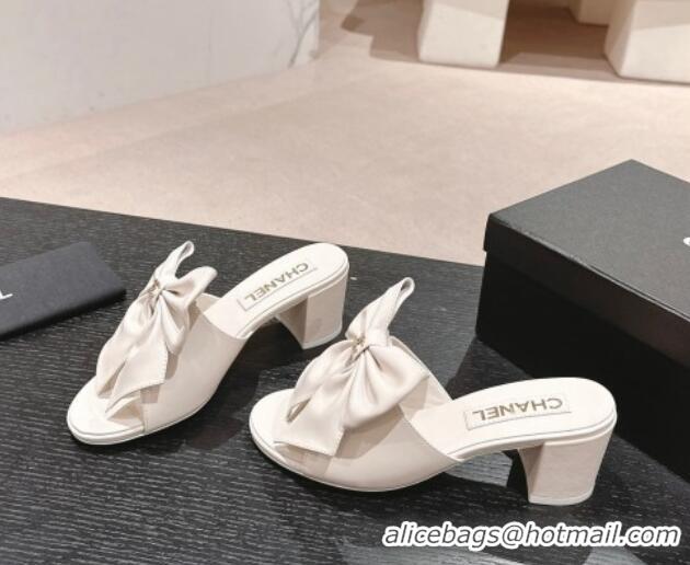 Best Grade Chanel Lambskin Heel Slides Sandal 6cm with Maxi Bow White 603059