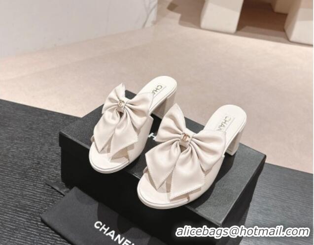 Best Grade Chanel Lambskin Heel Slides Sandal 6cm with Maxi Bow White 603059