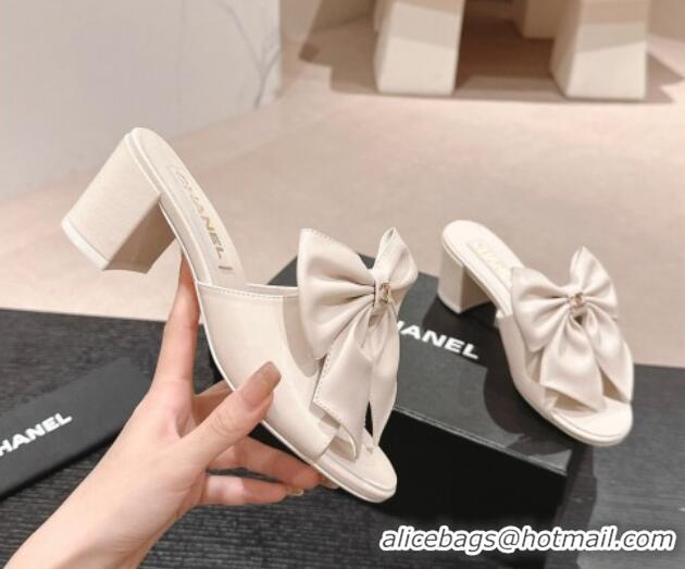 Best Grade Chanel Lambskin Heel Slides Sandal 6cm with Maxi Bow White 603059