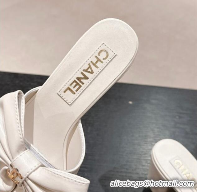 Best Grade Chanel Lambskin Heel Slides Sandal 6cm with Maxi Bow White 603059