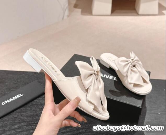 Best Product Chanel Lambskin Flat Slides Sandal with Maxi Bow White 603062