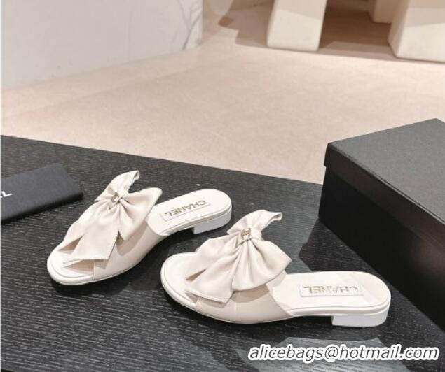 Best Product Chanel Lambskin Flat Slides Sandal with Maxi Bow White 603062