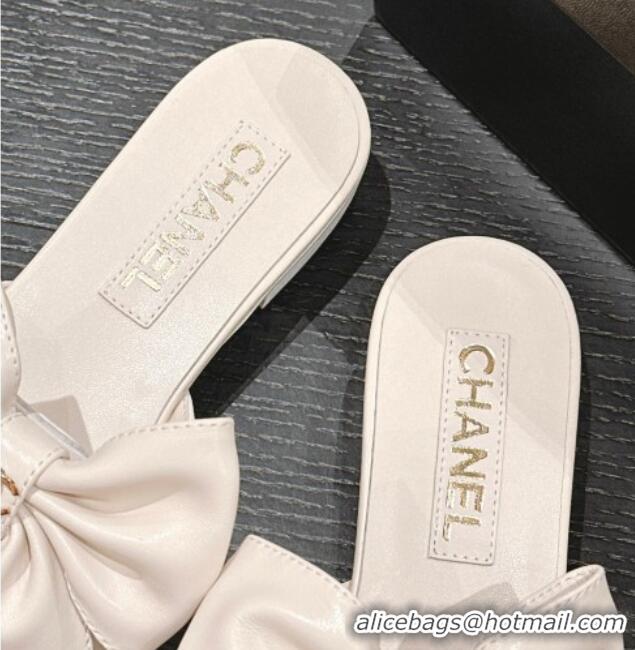 Best Product Chanel Lambskin Flat Slides Sandal with Maxi Bow White 603062