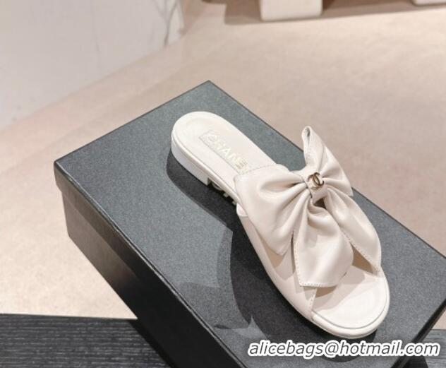 Best Product Chanel Lambskin Flat Slides Sandal with Maxi Bow White 603062