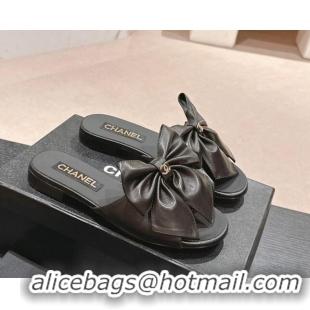 Durable Chanel Lambskin Flat Slides Sandal with Maxi Bow Black 603063