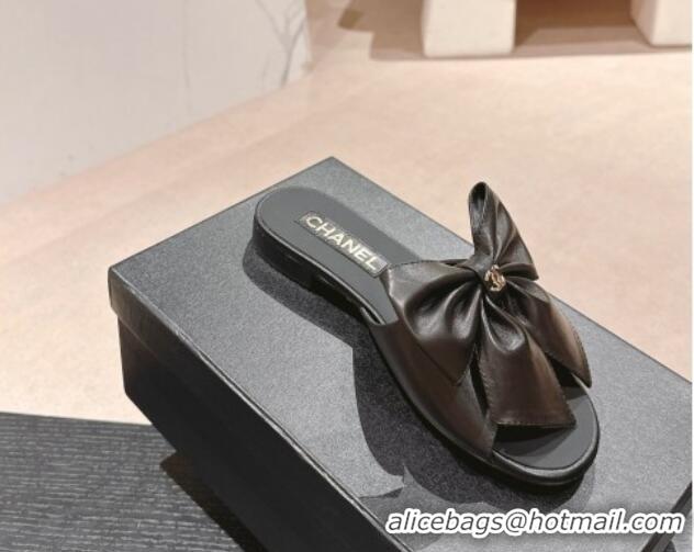 Durable Chanel Lambskin Flat Slides Sandal with Maxi Bow Black 603063