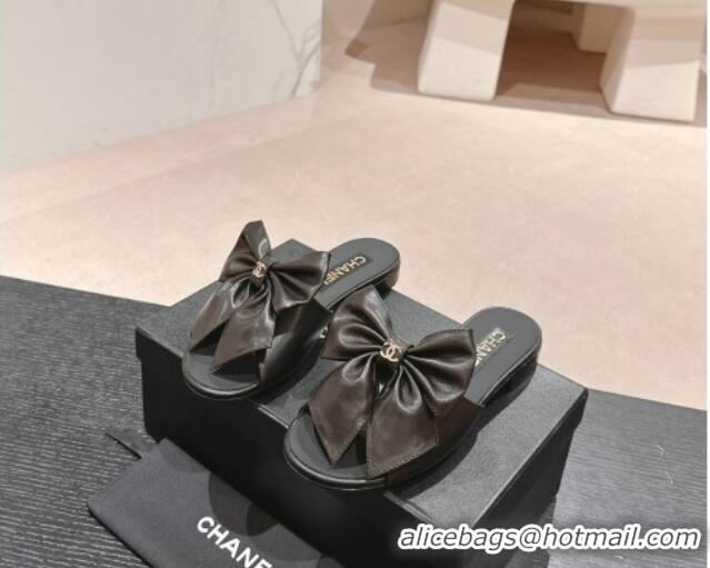 Durable Chanel Lambskin Flat Slides Sandal with Maxi Bow Black 603063