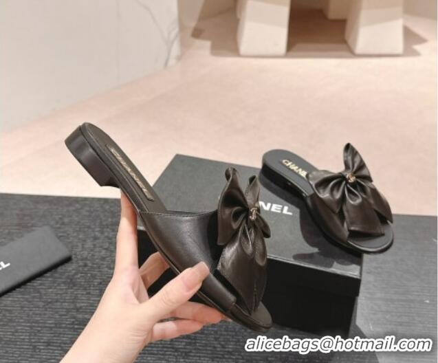 Durable Chanel Lambskin Flat Slides Sandal with Maxi Bow Black 603063