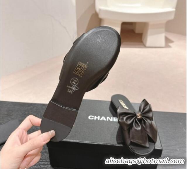 Durable Chanel Lambskin Flat Slides Sandal with Maxi Bow Black 603063