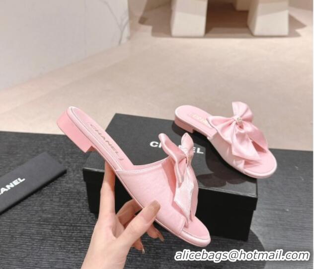 Low Price Chanel Silk Flat Slides Sandal with Maxi Bow Light Pink 603064