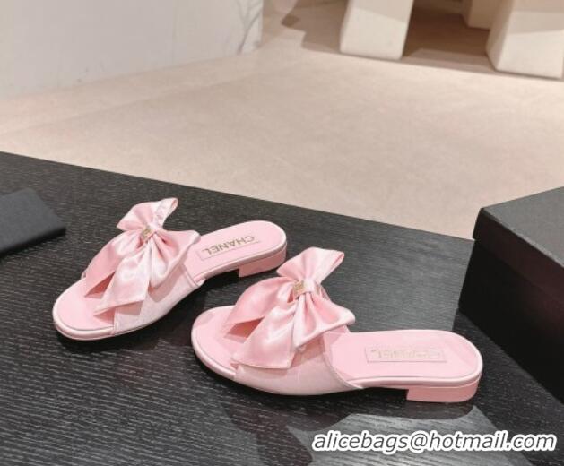 Low Price Chanel Silk Flat Slides Sandal with Maxi Bow Light Pink 603064