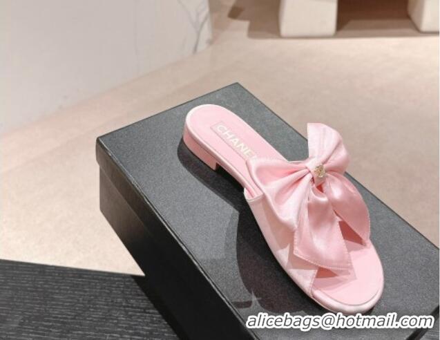 Low Price Chanel Silk Flat Slides Sandal with Maxi Bow Light Pink 603064