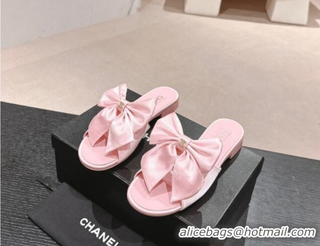 Low Price Chanel Silk Flat Slides Sandal with Maxi Bow Light Pink 603064