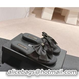 Low Cost Chanel Silk Flat Slides Sandal with Maxi Bow All Black 603065