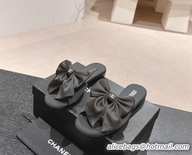 Low Cost Chanel Silk Flat Slides Sandal with Maxi Bow All Black 603065