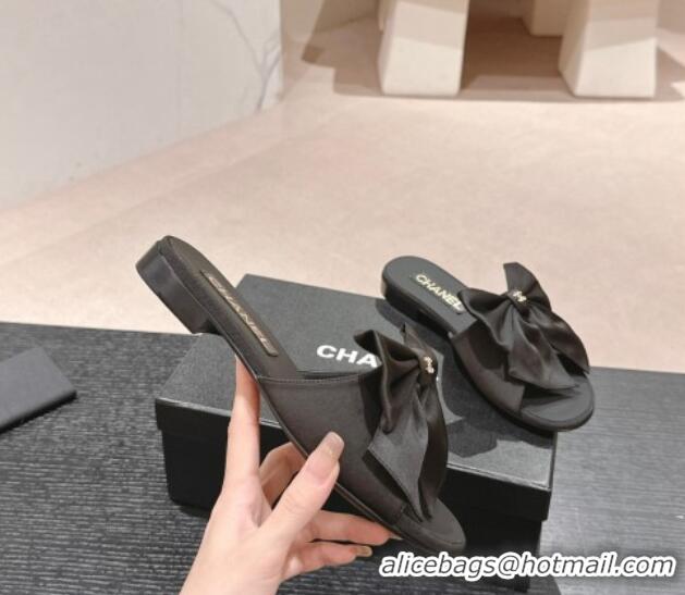 Low Cost Chanel Silk Flat Slides Sandal with Maxi Bow All Black 603065