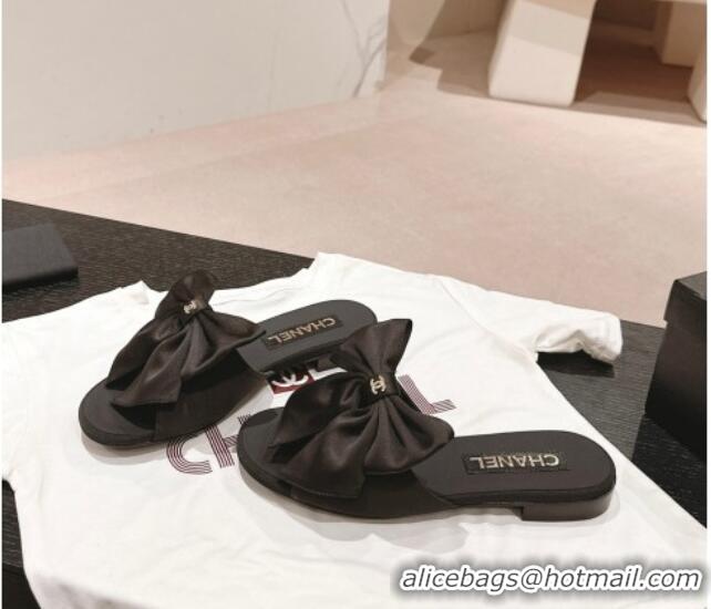 Low Cost Chanel Silk Flat Slides Sandal with Maxi Bow All Black 603065