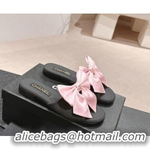 Good Looking Chanel Silk Flat Slides Sandal with Maxi Bow Black/Pink 603066