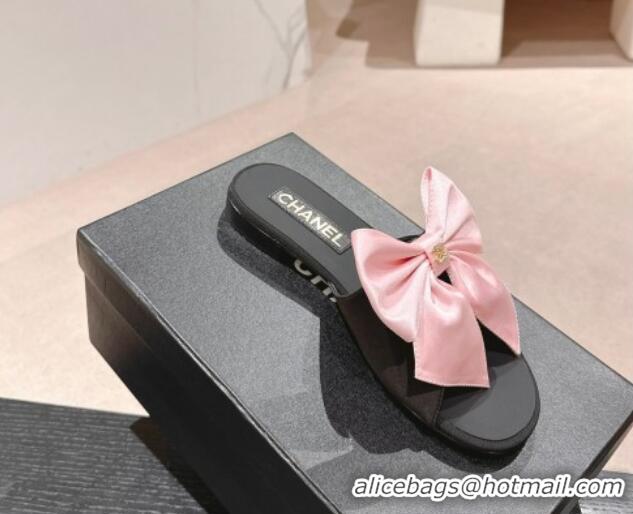 Good Looking Chanel Silk Flat Slides Sandal with Maxi Bow Black/Pink 603066