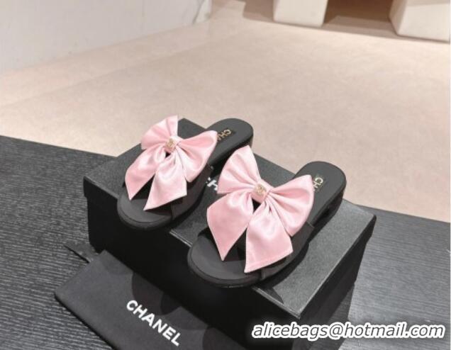 Good Looking Chanel Silk Flat Slides Sandal with Maxi Bow Black/Pink 603066