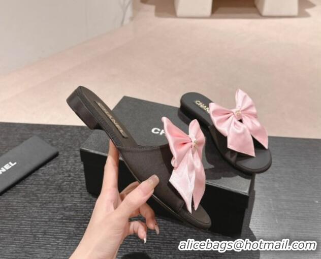 Good Looking Chanel Silk Flat Slides Sandal with Maxi Bow Black/Pink 603066