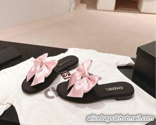 Good Looking Chanel Silk Flat Slides Sandal with Maxi Bow Black/Pink 603066