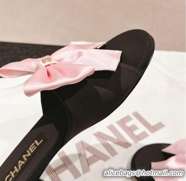 Good Looking Chanel Silk Flat Slides Sandal with Maxi Bow Black/Pink 603066