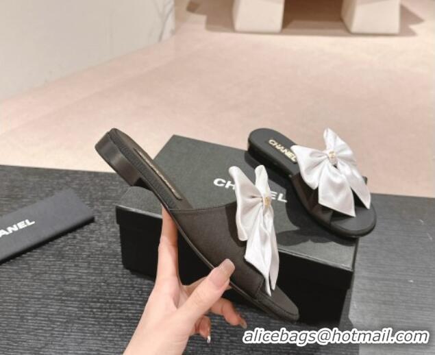 Top Design Chanel Silk Flat Slides Sandal with Maxi Bow Black/White 603067