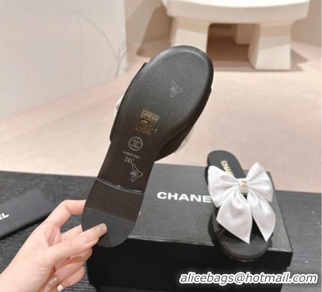 Top Design Chanel Silk Flat Slides Sandal with Maxi Bow Black/White 603067