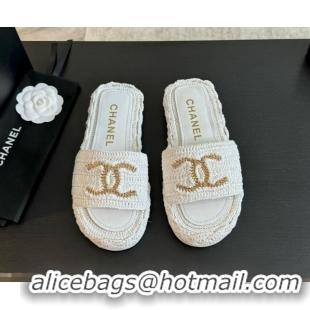 Good Looking Chanel Raffia Straw Flat Slides Sandal White 603069