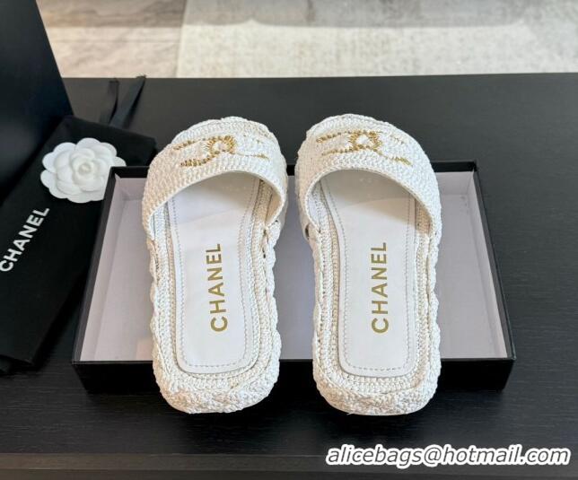 Good Looking Chanel Raffia Straw Flat Slides Sandal White 603069