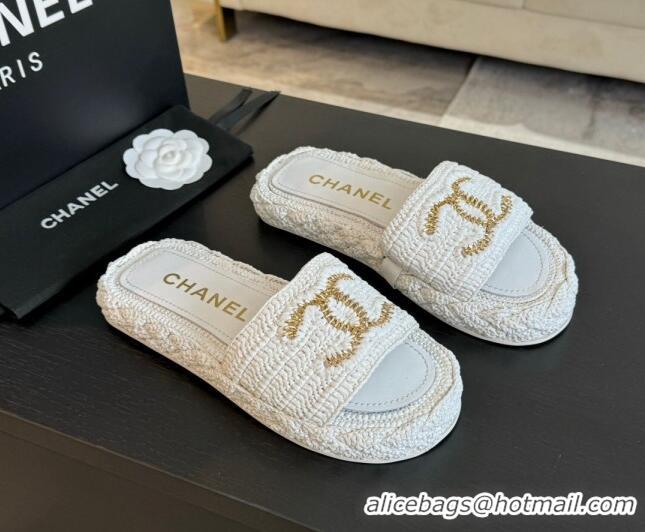 Good Looking Chanel Raffia Straw Flat Slides Sandal White 603069