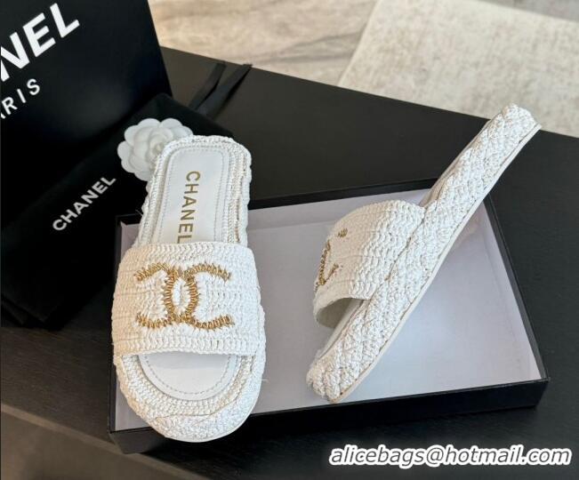 Good Looking Chanel Raffia Straw Flat Slides Sandal White 603069