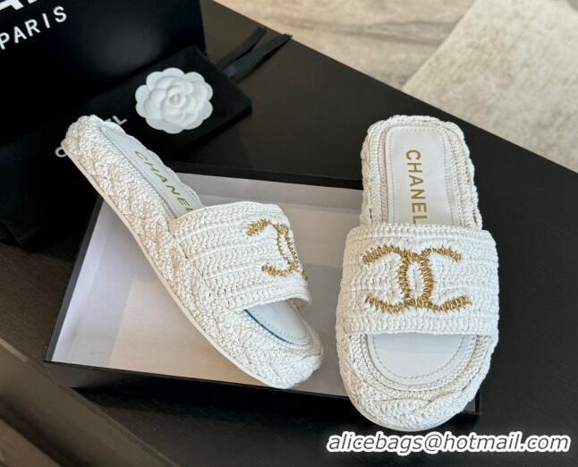 Good Looking Chanel Raffia Straw Flat Slides Sandal White 603069