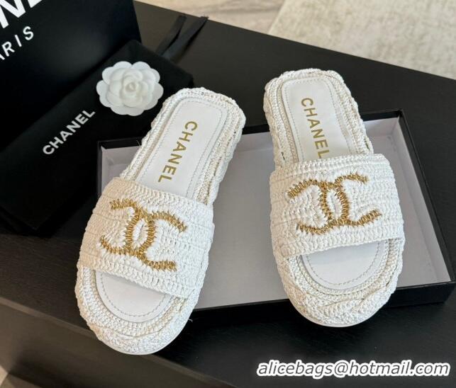 Good Looking Chanel Raffia Straw Flat Slides Sandal White 603069