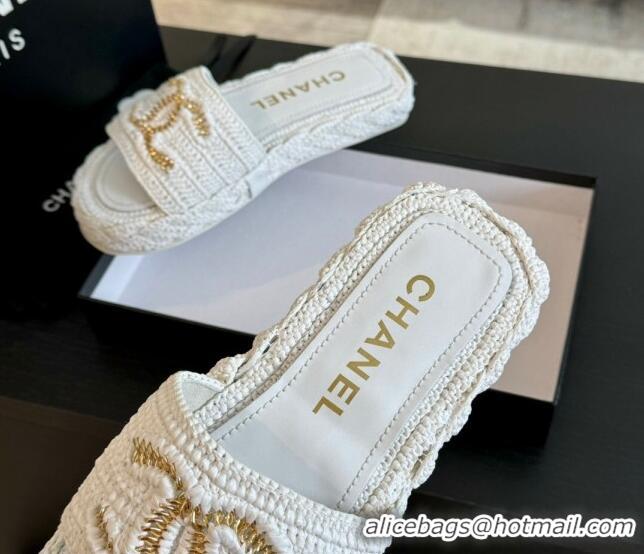 Good Looking Chanel Raffia Straw Flat Slides Sandal White 603069