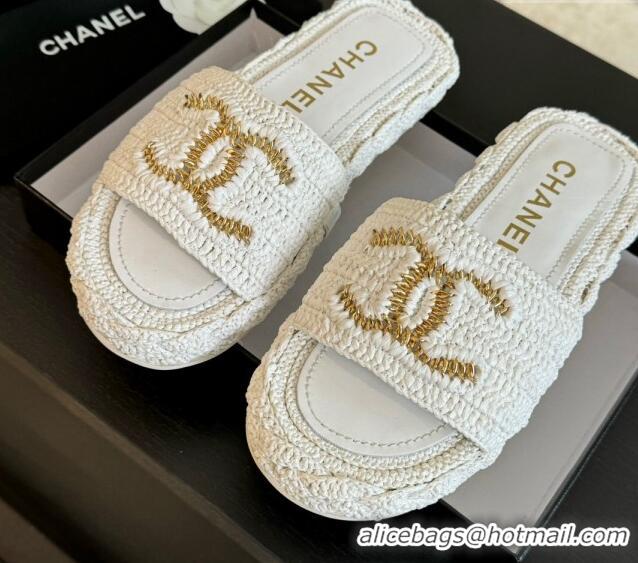 Good Looking Chanel Raffia Straw Flat Slides Sandal White 603069