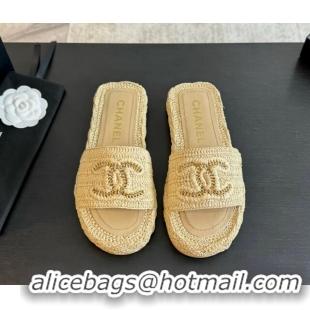 Top Grade Chanel Raffia Straw Flat Slides Sandal Beige 603068